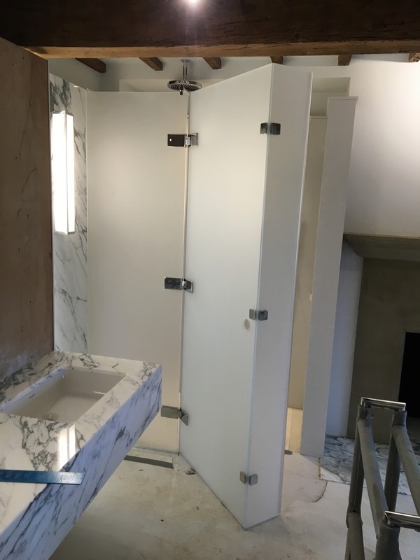 Bespoke frosted glass shower enclosure in Maidenhead luxury bathroom